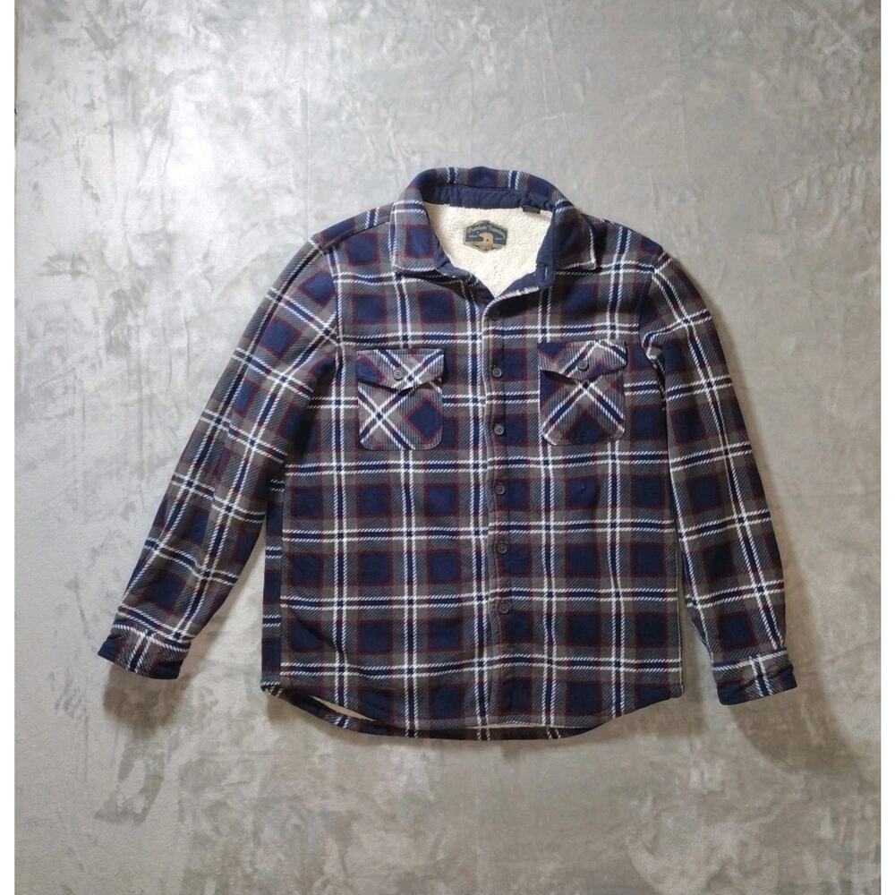 Freedom Foundry Jacket Mens L Blue Gray Red Plaid Flannel Fleece Lined Cabincore